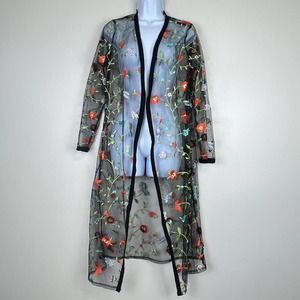 Impulsive Whimsigoth Black Mesh Floral Embroidery Sheer Duster Women's Size L